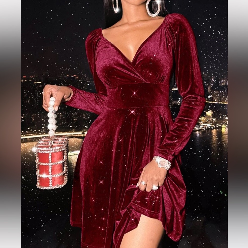 Burgundy Velvet Sparkle Shein Dress M EUC